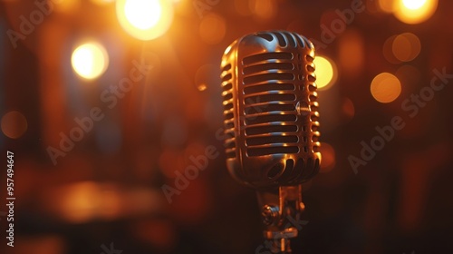 Classic vintage microphone in warm lighting with a blurred background, capturing the essence of retro music and broadcasting..