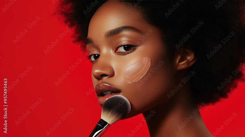 A makeup artist blending foundation on a model face with a large brush, focusing on even coverage and a flawless finish A makeup artist blending foundation on a model face with a large brush, focusing on even coverage and a flawless finish