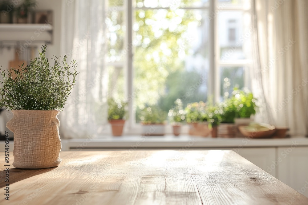 Wooden table with green plant in a pot against a window with a blurry view of trees and nature. Wooden table with green plant in a pot against a window with a blurry view of trees and nature.