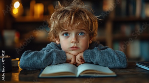 "Thoughtful young boy sitting at a table with an open book, resting his chin on his hands. Pensive expression, learning and concentration, childhood study time."