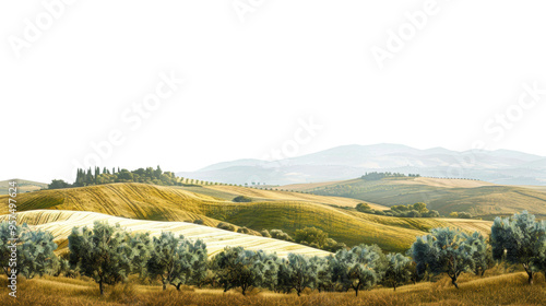 Fototapeta Naklejka Na Ścianę i Meble -  Serene landscape view of Tuscan hills with olive trees in summer isolated on transparent background