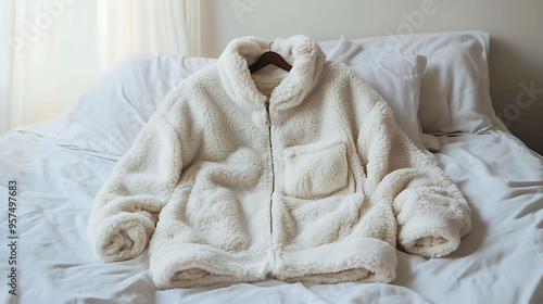 Creamy white teddy jacket with a zipper and a pocket, laying on a white bed.