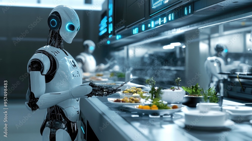 Fototapeta premium A futuristic dining experience with robotic chefs preparing gourmet meals in a high-tech, automated kitchen