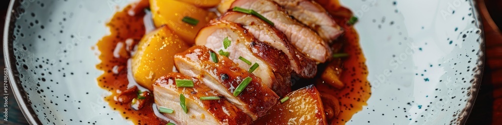 Crispy pork accompanied by roasted quince. Crispy pork accompanied by roasted quince.