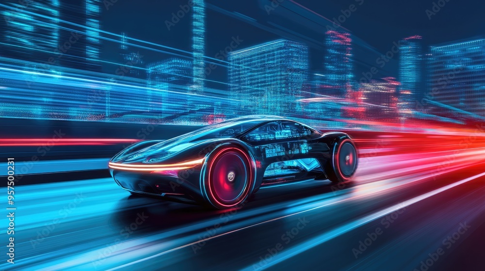 Obraz premium A sleek, self-driving car cruising through a futuristic urban landscape, symbolizing innovation and the future of transportation