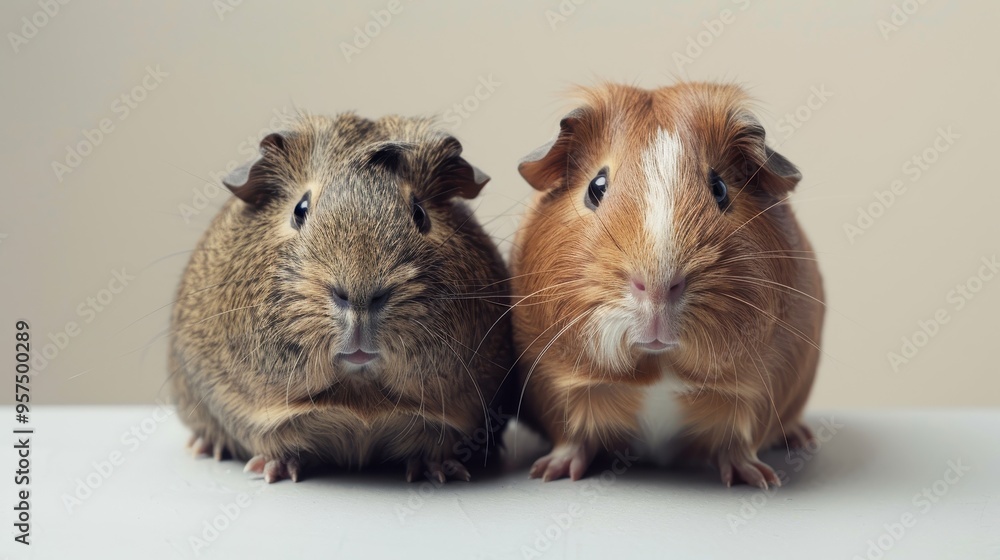 Adorable Close-Up of Two Guinea Pigs Sitting Side by Side on a Neutral Background Adorable Close-Up of Two Guinea Pigs Sitting Side by Side on a Neutral Background