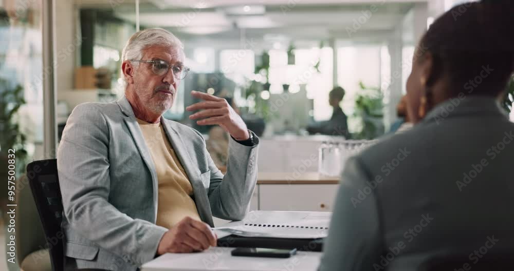 Mature man, woman and office with discussion, interview and affirmative action for new job. Web designer, workspace candidate and recruitment process for intern hiring, crm goals and employee growth Mature man, woman and office with discussion, interview and affirmative action for new job. Web designer, workspace candidate and recruitment process for intern hiring, crm goals and employee growth