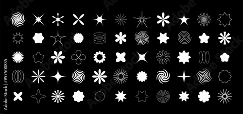 Black and white set of abstract retro geometric shapes in 70s groovy style. Contemporary collection of various bold and linear design elements: flowers, stars, spirals, swirls and other basic forms.	