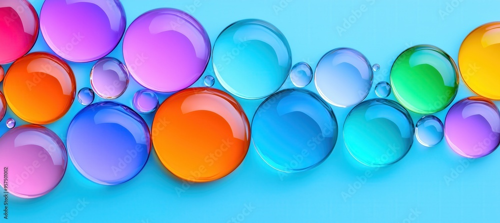 A vibrant arrangement of colorful translucent bubbles on a smooth blue surface, creating a modern desktop wallpaper. A vibrant arrangement of colorful translucent bubbles on a smooth blue surface, creating a modern desktop wallpaper.