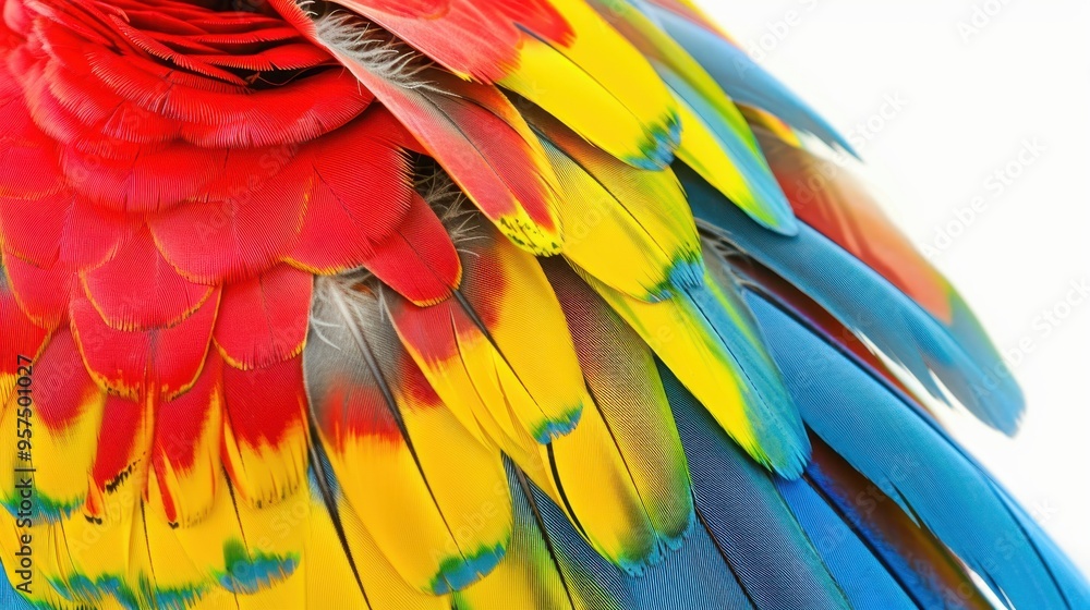 Obraz premium Close-Up of Vibrant Parrot Feathers Showcasing Red, Yellow, and Blue Colors on a White Background