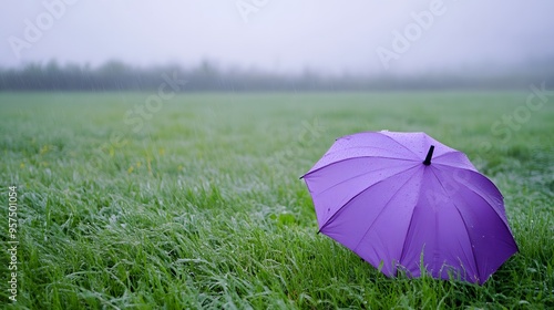 Purple Umbrella on Lush Green Field, rainy day .