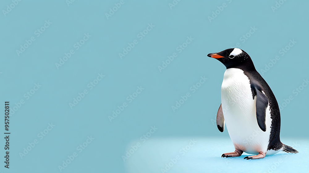 Naklejka premium A penguin stands on a light blue background, looking to the right.