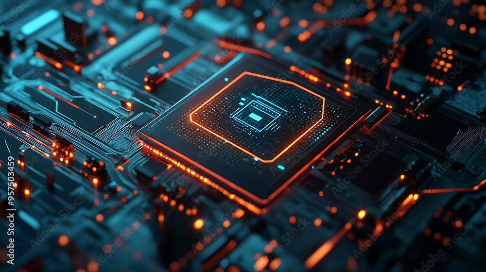 Close-up of a glowing CPU chip on a motherboard. Close-up of a glowing CPU chip on a motherboard.
