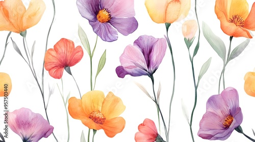 Wildflowers Watercolor Seamless Background Pattern 