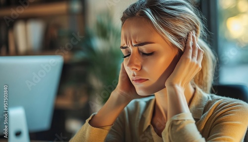 Exhausted young woman suffering from neck pain due to prolonged computer use and muscle fatigue