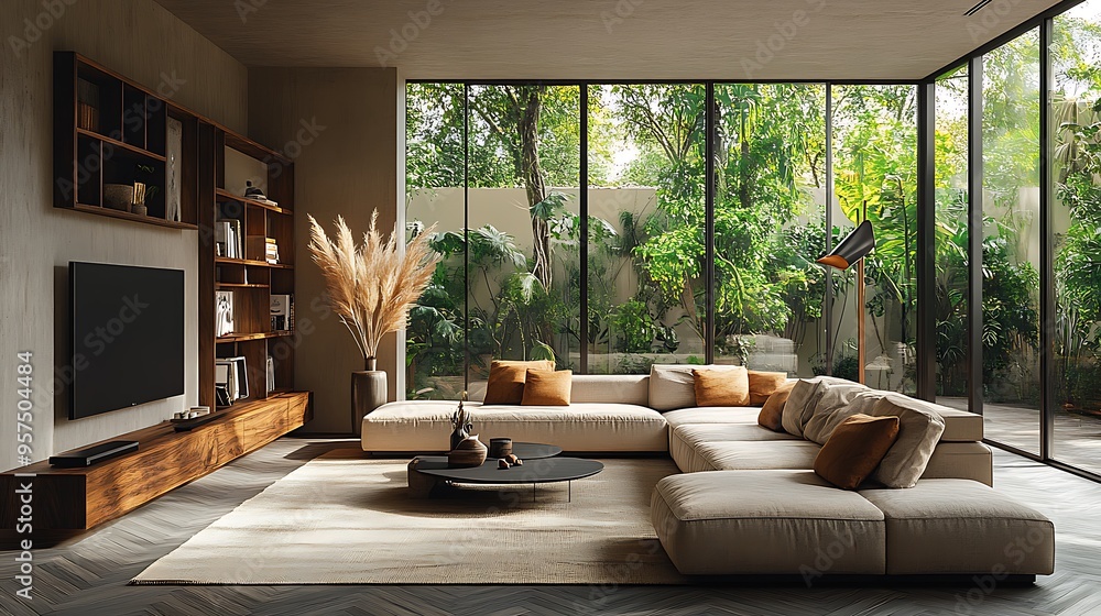 Fototapeta premium Modern living room with wooden accents and large windows. 3D Rendering 
