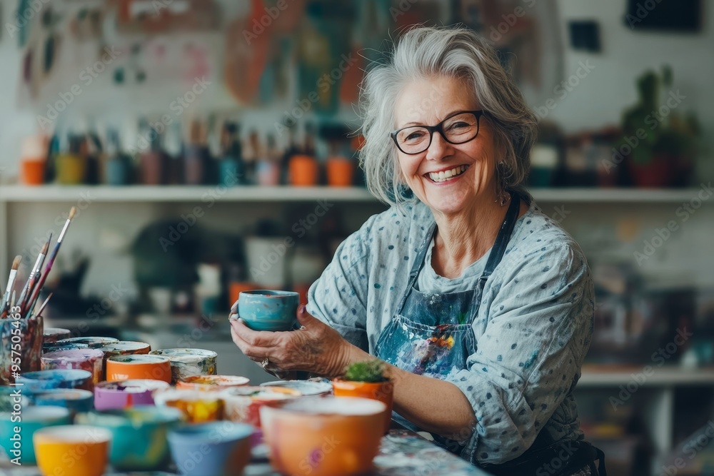 Joyful senior woman engaged in painting a cup at her studio as part of retirement pursuits Joyful senior woman engaged in painting a cup at her studio as part of retirement pursuits
