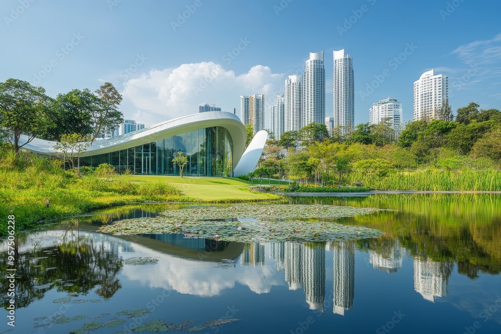Fototapeta premium Stunning landscape of a scenic park surrounded by contemporary architecture and greenery