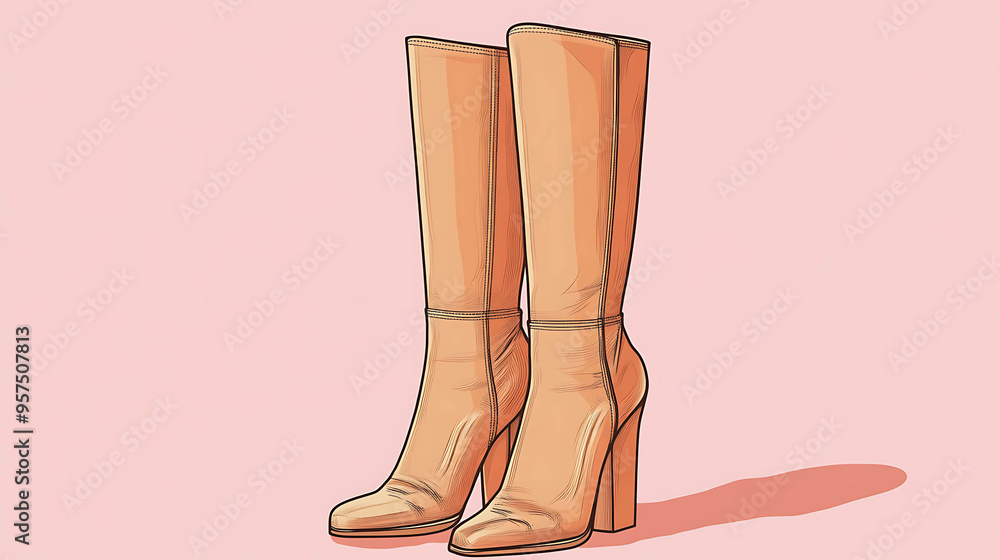 A pair of knee-high boots with block heels, a fashion illustration. A pair of knee-high boots with block heels, a fashion illustration.