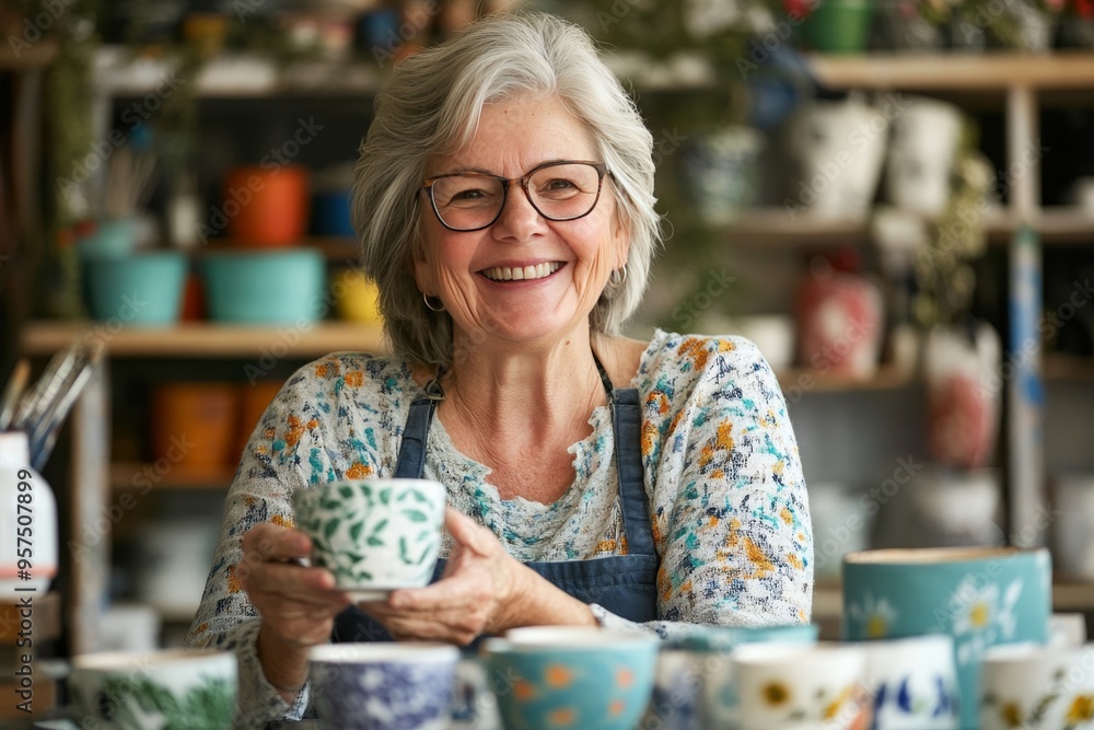 Fototapeta premium Joyful senior woman engaged in painting a cup in art studio as a retirement hobby and business