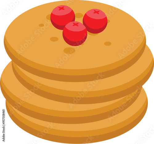Stack of delicious pancakes with cranberries on top, an isometric icon of a classic breakfast treat