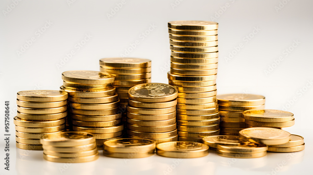 A stack of gold coins with a financial chart A stack of gold coins with a financial chart