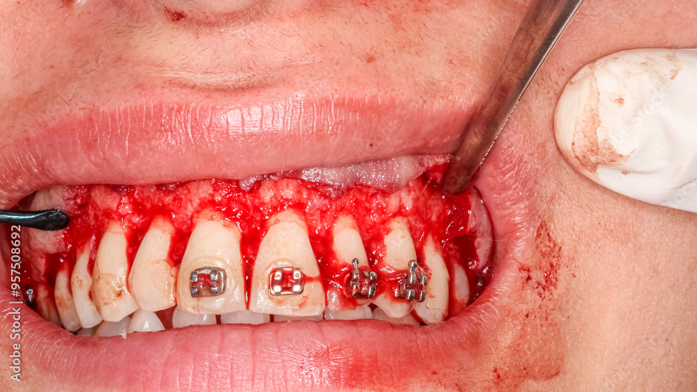 Fototapeta premium Gummy smile clinical case with orthodontic brackets. Second surgery step: gingival retraction with dental strippers instruments. Surgical detachment, exposing the alveolar bone and contour reshaping. 