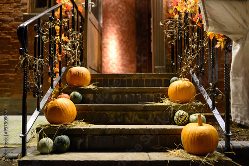 Φωτογραφία Halloween Decorations: Festive Scene with Spooky Pumpkins, Ghosts, Cobwebs, and