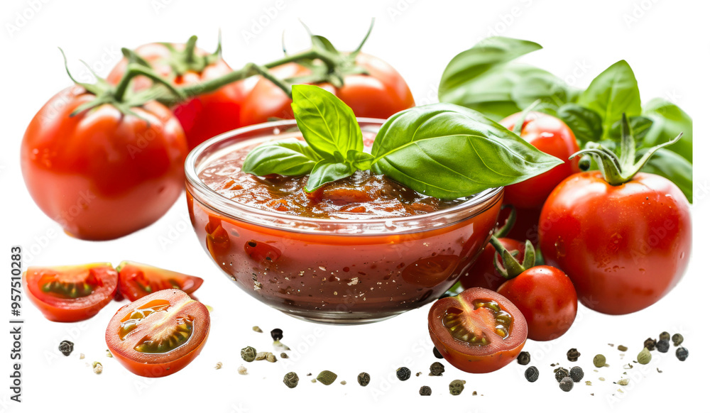 Fresh tomatoes and basil with homemade sauce isolated on transparent background Fresh tomatoes and basil with homemade sauce isolated on transparent background