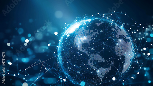 A digital rendering of the Earth with a network of lines and dots representing connections.