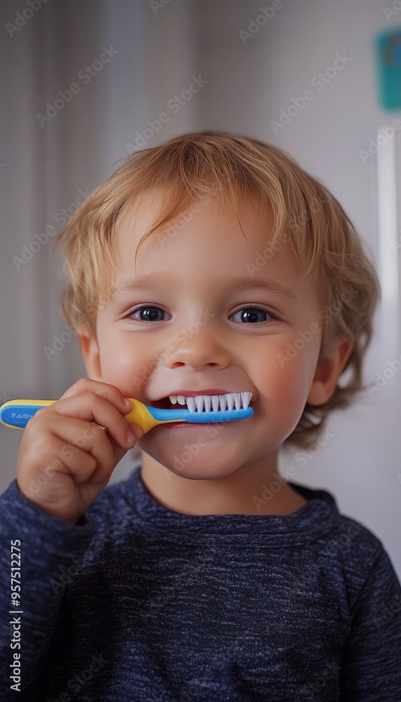 Adorable young boy brushing his teeth with a colorful plastic toothbrush in a close up shot Adorable young boy brushing his teeth with a colorful plastic toothbrush in a close up shot