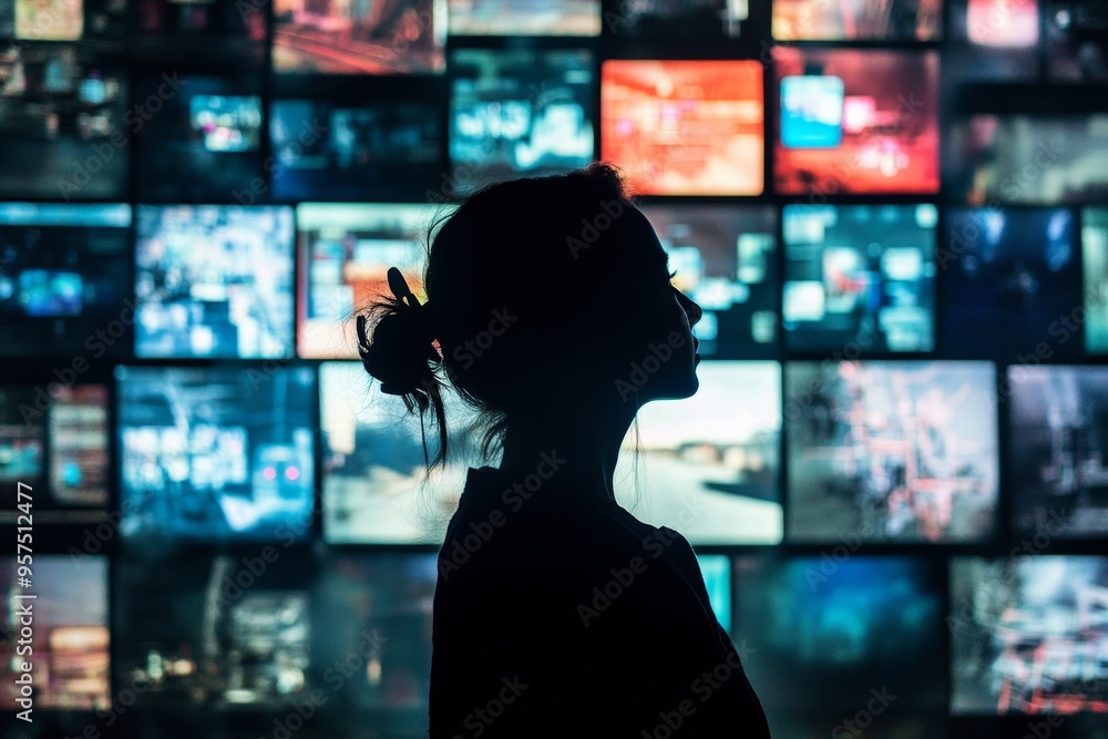 Silhouette of a person against abstract screens symbolizing digital multitasking and entertainment Silhouette of a person against abstract screens symbolizing digital multitasking and entertainment