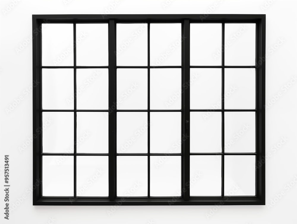 A black window with white frames set against a clean white wall, creating a striking contrast in the design.
A black window with white frames set against a clean white wall, creating a striking contrast in the design.