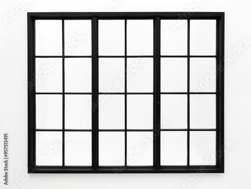 A black window with white frames set against a clean white wall, creating a striking contrast in the design. 