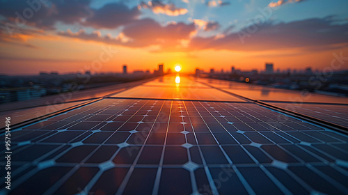 Wallpaper Mural Glowing Solar Panels on Office Rooftop with Cityscape Background - Eco-Friendly Energy Concept with Copy Space Torontodigital.ca