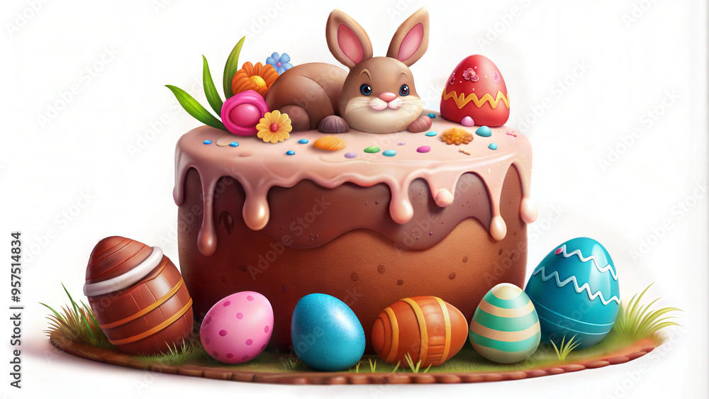 Colorful Easter cake topped with a bunny and surrounded by decorated eggs in a playful design Colorful Easter cake topped with a bunny and surrounded by decorated eggs in a playful design