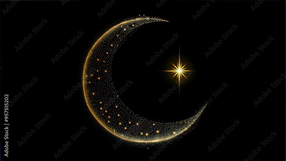 Shimmering crescent moon with stars and a bright star shining in a dark background Shimmering crescent moon with stars and a bright star shining in a dark background