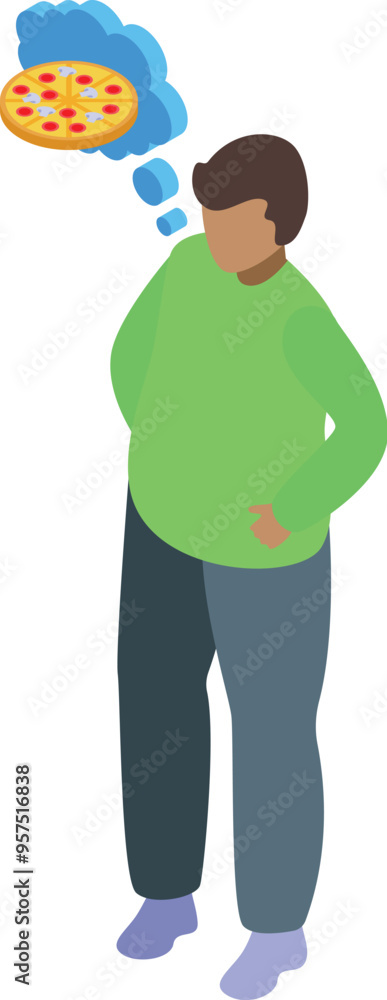 Man is standing with a thought bubble above his head containing an image of a pizza Man is standing with a thought bubble above his head containing an image of a pizza