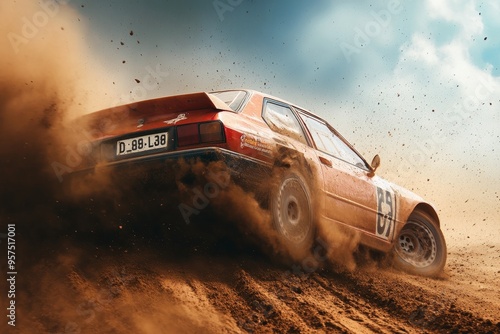 Dynamic rally car racing at high speed on a dusty dirt track, capturing thrilling action moments
