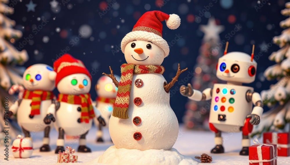 Cute snowman, wearing a red Santa hat and a striped scarf. The snowman has a cheerful face with sparkling eyes and a carrot-shaped nose. In the background, there is a Christmas tree decorated. robots Cute snowman, wearing a red Santa hat and a striped scarf. The snowman has a cheerful face with sparkling eyes and a carrot-shaped nose. In the background, there is a Christmas tree decorated. robots