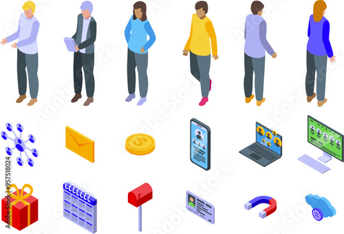 Referral network icons set. People networking, connecting online and customer relationship management isometric icons set for digital marketing and business concept