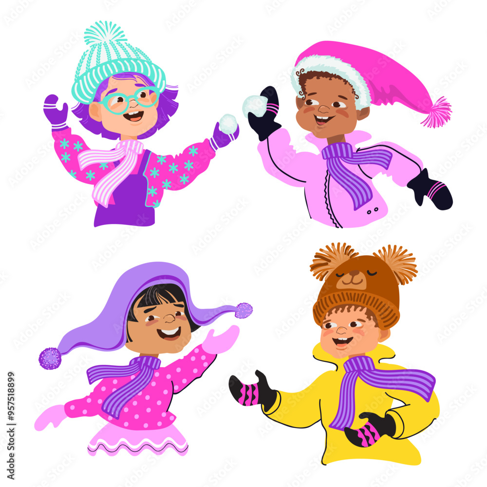 Set of happy children in bright winter clothes. Vector illustration. Set of happy children in bright winter clothes. Vector illustration.