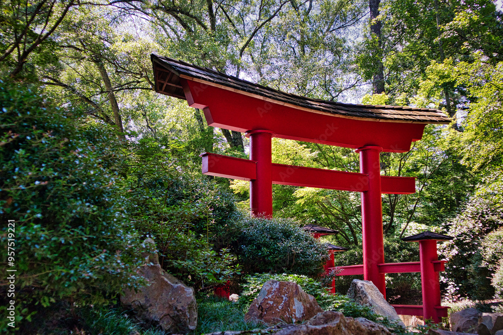 Red, Japanese Torri Temple gate garden entrance Red, Japanese Torri Temple gate garden entrance
