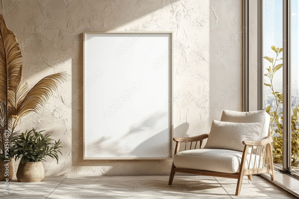 Poster Frame in Beige minimalist living room interior created with generative AI Poster Frame in Beige minimalist living room interior created with generative AI