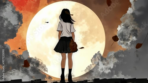 A striking graphic novelstyle illustration of a goth schoolgirl in a scifi fantasy setting, full of vibrant textures. photo