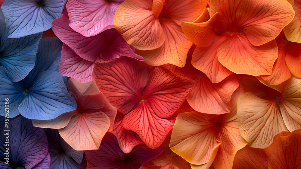 Naklejka premium Colorful close-up of vibrant flowers with layered petals, showcasing a gradient from cool blue hues to warm orange and pink tones.
