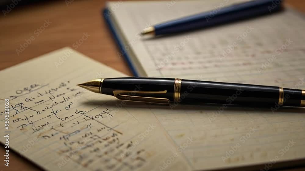Pen positioned on a notebook, ready for note-taking. Pen positioned on a notebook, ready for note-taking.