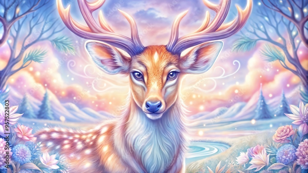 Majestic magical deer with glowing antlers in enchanted winter forest landscape Majestic magical deer with glowing antlers in enchanted winter forest landscape