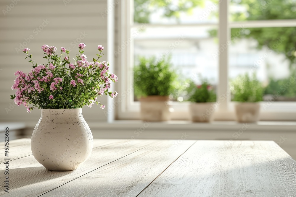 White table with pink flowers in a vase near window. White table with pink flowers in a vase near window.