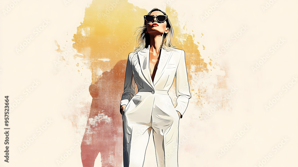 Illustration of a woman in a white suit and sunglasses against a soft yellow and orange background. Illustration of a woman in a white suit and sunglasses against a soft yellow and orange background.
